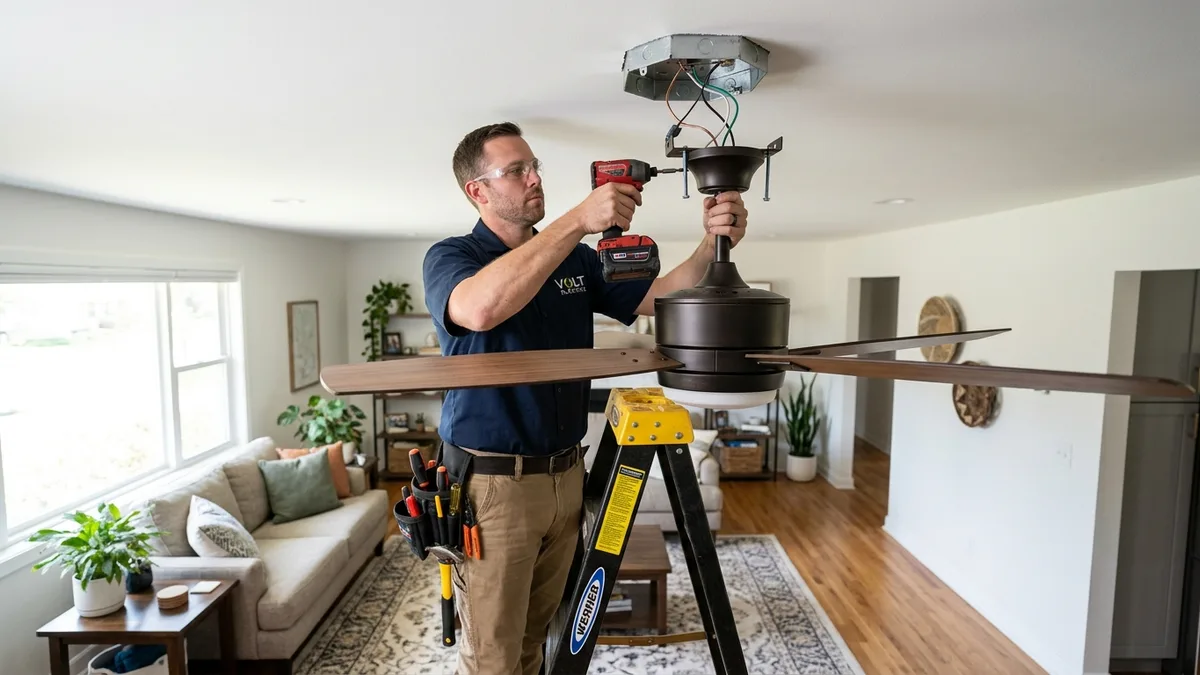 Electrician securing modern ceiling fan to fan-rated electrical ceiling box in Independence, MO