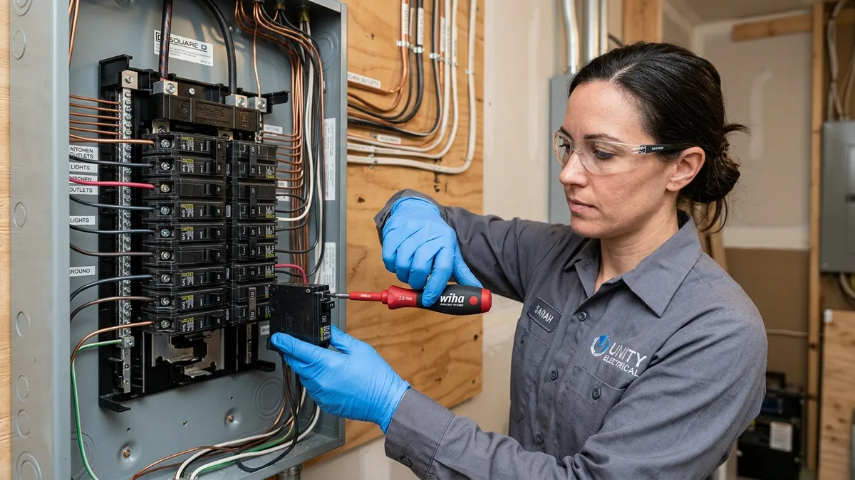 Technician replacing and torquing a circuit breaker in an electrical panel in Independence, MO