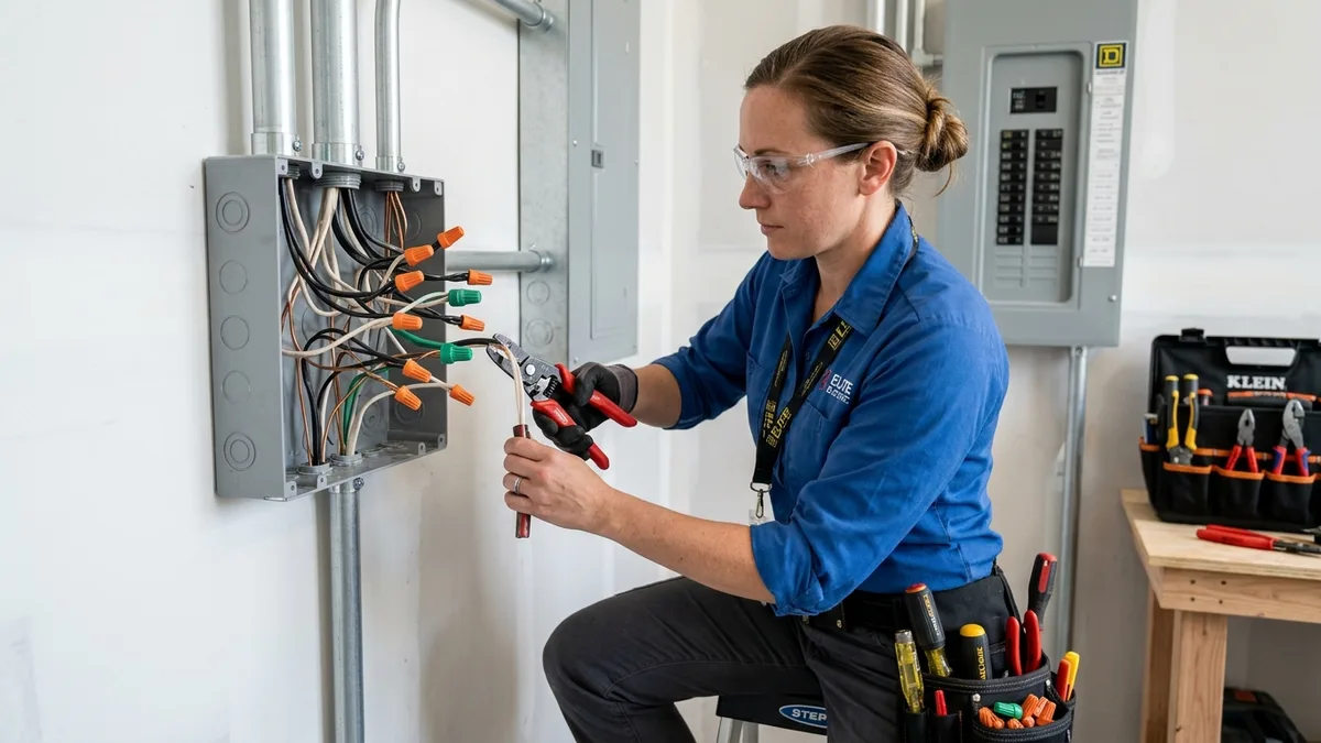 Experienced technician repairing branch circuit wiring and junction box in Independence, MO