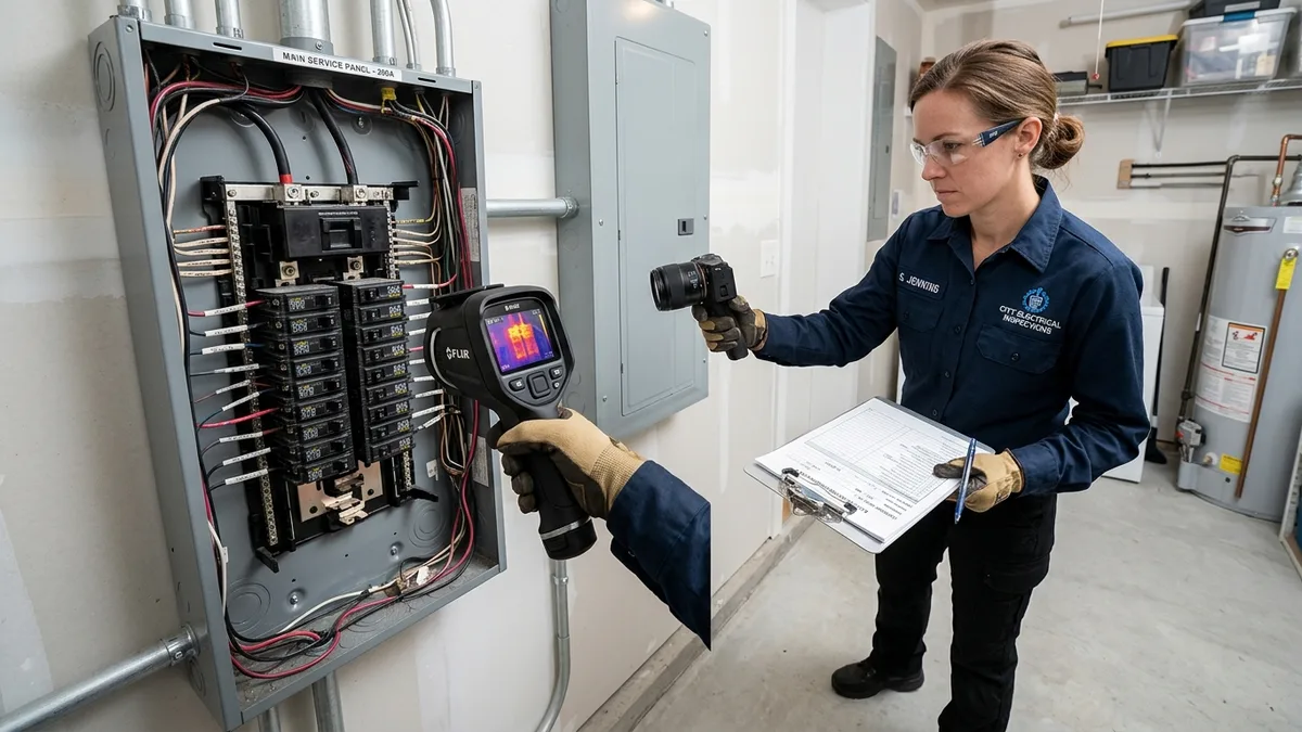 Electrical safety audit using FLIR thermal imaging camera on breaker box in Independence, MO