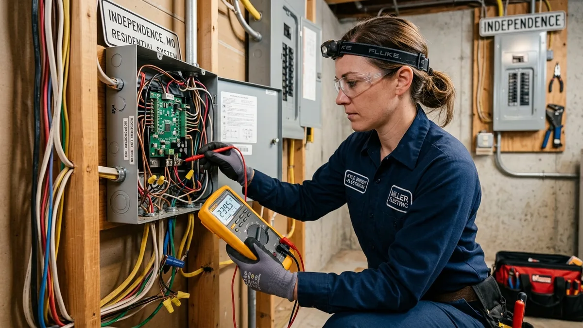 Electrical technician diagnosing wiring fault with true-RMS multimeter in Independence, MO
