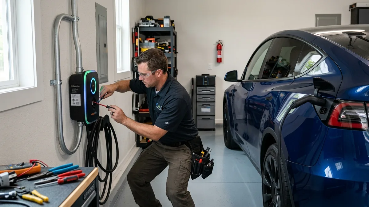 Level 2 electric vehicle EV charger installation on garage wall in Independence, MO
