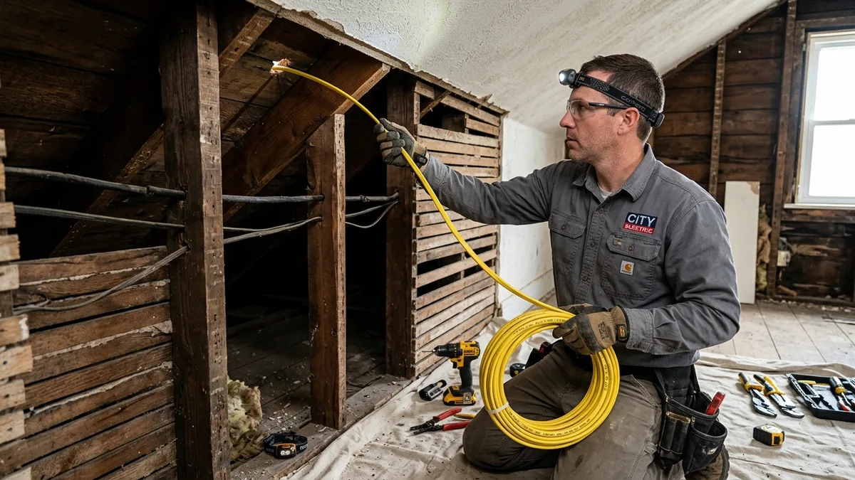 Electrician fishing modern copper Romex wiring through historic wood lath in Independence, MO