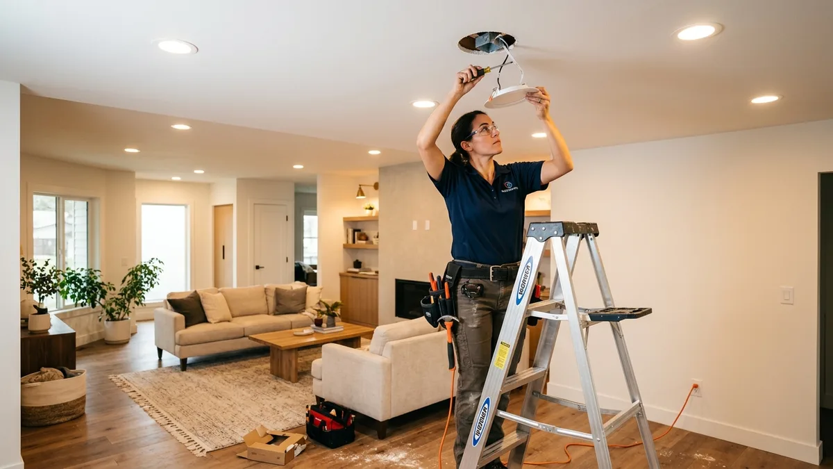 Technician installing recessed LED wafer can ceiling lighting in living room in Independence, MO