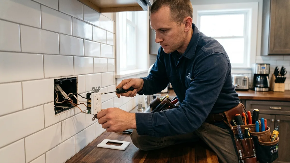 Electrician installing tamper-resistant GFCI receptacle in kitchen in Independence, MO
