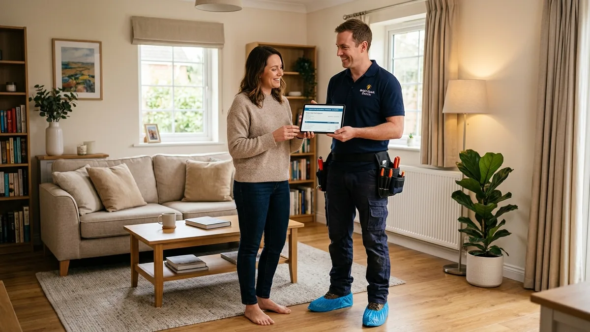 Clean-tech residential electrician with shoe covers consulting with homeowner in Independence, MO