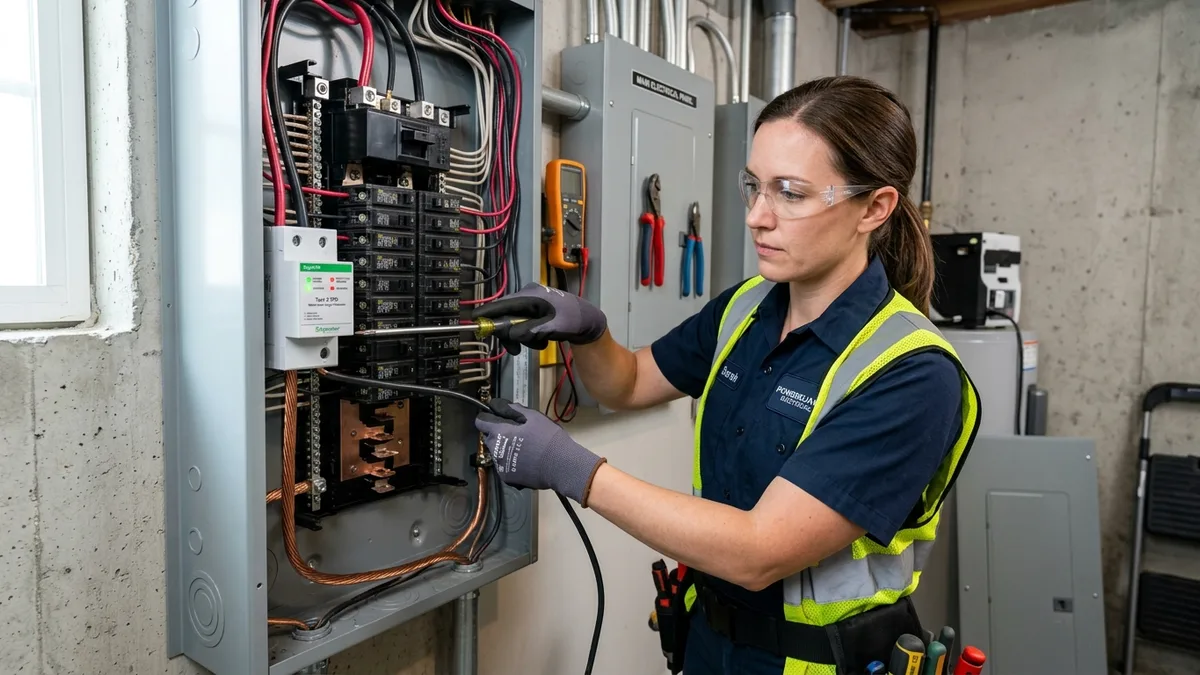 Electrician installing Type 2 surge protective device SPD in breaker panel in Independence, MO